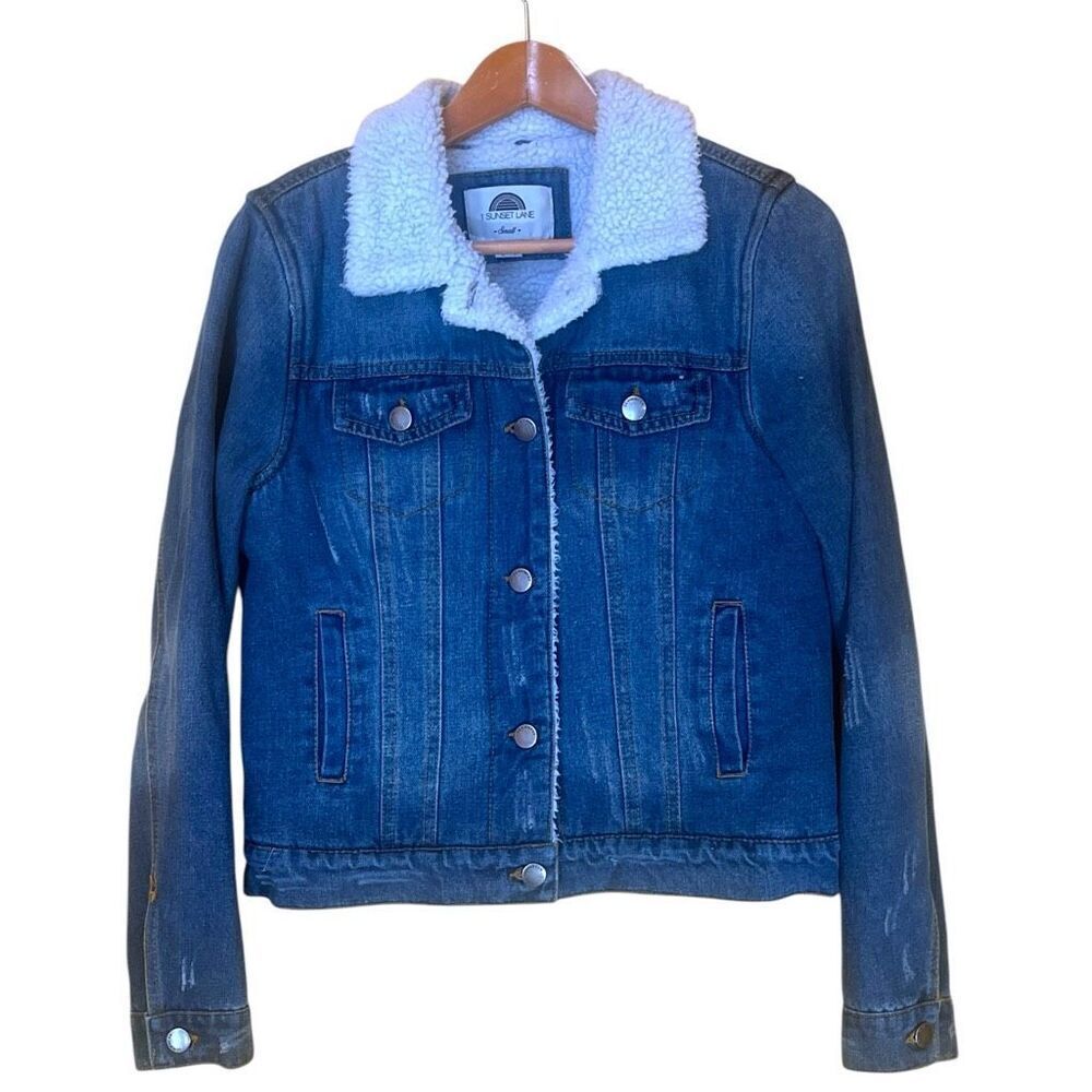 1 Sunset Lane Sherpa Lined Sun-faded‎ Distressed Denim Jean Jacket Sz S Preloved